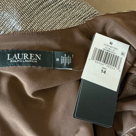 Ralph Lauren Gold Metallic Long Sleeve Cocktail Dress Size 14 V-Neck Sheath - Picture 10 of 13